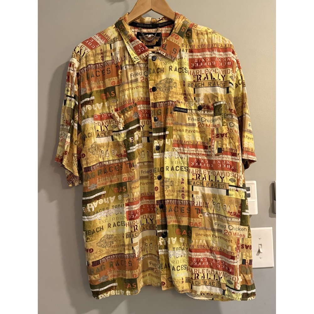 Harley Davidson Shirt All Over Print Button Up Camp Vacation Vintage Men's XL